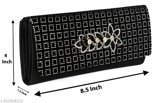 Black clutch purse with polka dots, crystal flowers embellishment, black strap