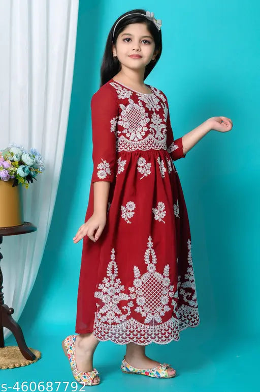 Embroidered net polyester kids' ethnic gown, traditional Indian design for festive wear