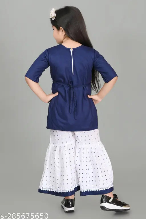 Cotton Sarara girls kurta set with A-line and embroidered patterns, perfect for ethnic wear in sizes 5-10 years. Made in India