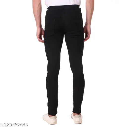 Men's slim fit stretchable black denim jeans, high-quality color guaranteed soft fabric with excellent finishing. Solid print, mid-rise design with buttons and zip closure. Sizes: 28 (Waist 28in, Length 41in), 30 (Waist 30in, Length 41in), 32 (Waist 32in, Length 41in), 34 (Waist 34in, Length 41in), 36 (Waist 36in, Length 41in). Country of origin: India