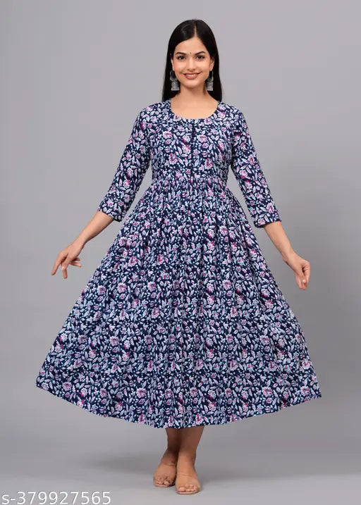 Blue printed rayon anarkali high-demand party dress