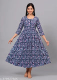 Blue printed rayon anarkali high-demand party dress