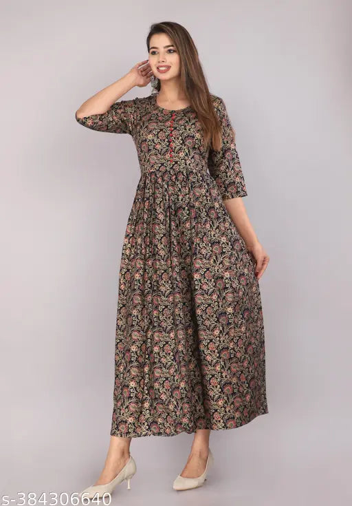 Blue rayon printed long Anarkali kurta with three-quarter sleeves, modern Indian style for women's wardrobe