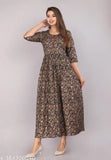 Blue rayon printed long Anarkali kurta with three-quarter sleeves, modern Indian style for women's wardrobe