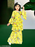 kids girls chiffon sharara set, casual kurta with printed A-line top and sharara bottom, comfortable summer party wear for 1-7 years old, Indian origin