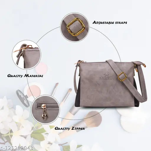 Grey sling bag with gold buckle and adjustable straps