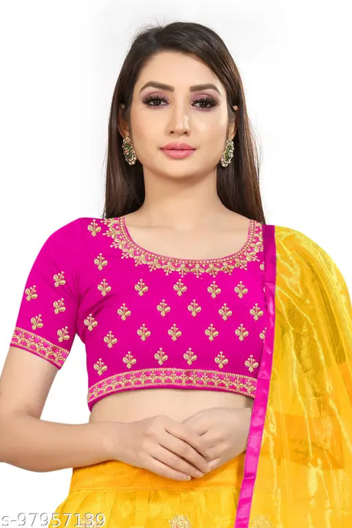 Rani yellow net Lehenga set: Satin top, net lehenga and dupatta with lace print, free size, semi-stitched or unstitched, Made in India