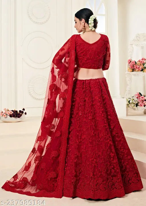 Embroidered semi-stitched lehenga choli and dupatta set, free size, net fabric, India origin