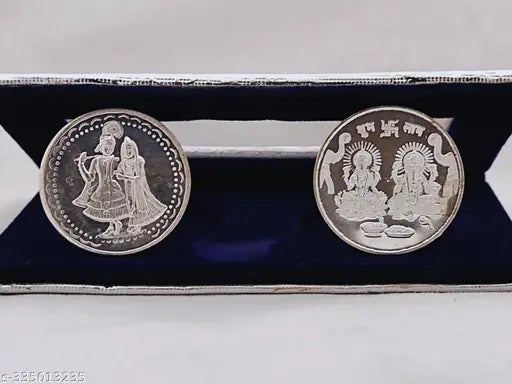 Silver-plated Radha Krishan & Laxmi Ganesh German silver coins, Diwali gift, pack of 1. Diameter: 3cm, Depth: 0.2cm. Indian origin
