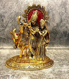 Radha Krishna metal idols playing flute with cow, Temple decoration, Office decoration, Gift item for luck and prosperity