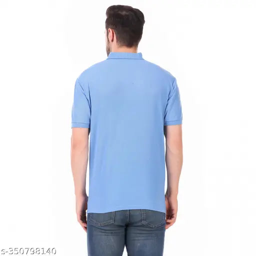 Light blue cotton blend solid collar t-shirt for men (Vk-215), short sleeves, made in India