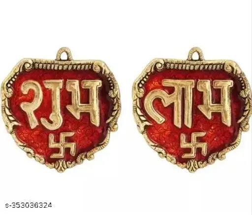 Chandrar art collection metal door hanging shubh labh swastik decorative showpiece, 11cm aluminum gold red