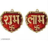 Chandrar art collection metal door hanging shubh labh swastik decorative showpiece, 11cm aluminum gold red
