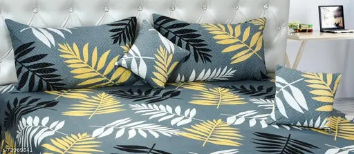 Glace cotton botanical-patterned queen size double bed sheet set with 2 quilted pillow covers & 5 cushions, ideal for summer use. Thick fabric suitable as AC sheet." (124 characters)