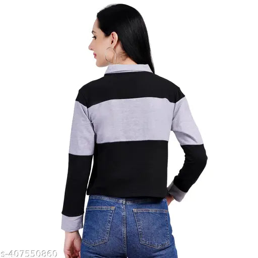 Cotton colorblocked full sleeve collar t-shirt for women, classic collar style, suitable for casual and daily wear, India origin