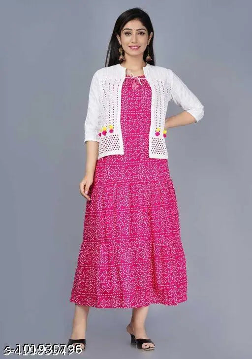 Rayon printed round neck Bandhani kurta and jacket set from SARAI JAIPUR, India. Traditional Indian women's outfit with 3/4 sleeves, size 4XL (bust 48 in, size length 46 in)