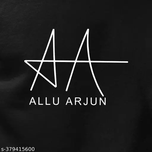 Black cotton t-shirt with Allu Arjun autograph design, regular fit, half sleeves, pocket print, ideal for casual wear. Made in India