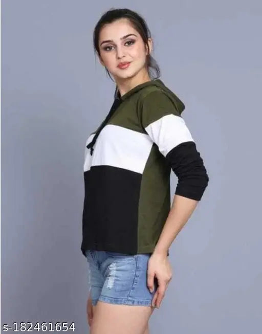 Cotton blend colorblocked full sleeve hoodie for women, casual style in size S-XL