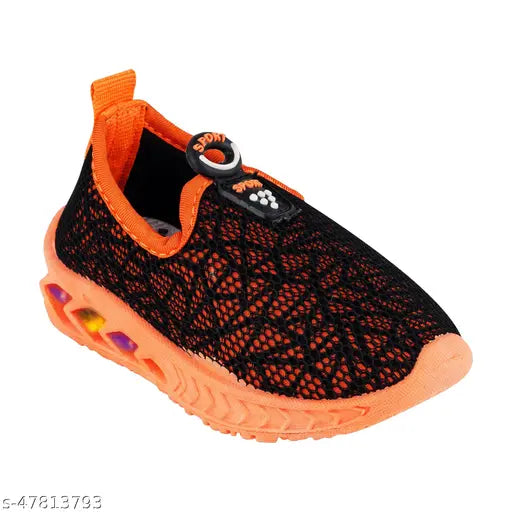 Black, orange and red LED walking shoes with a white sole and black straps