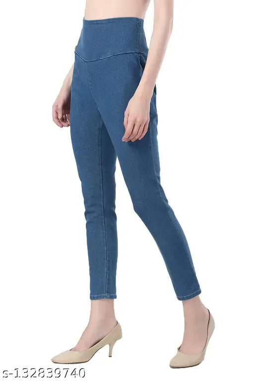 Blue denim pocket skinny jeans, solid pattern, size 28-40 for women's fashion