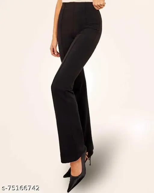 Black poly blend bell-bottom trousers by Anara Fashion, imported and finely stitched