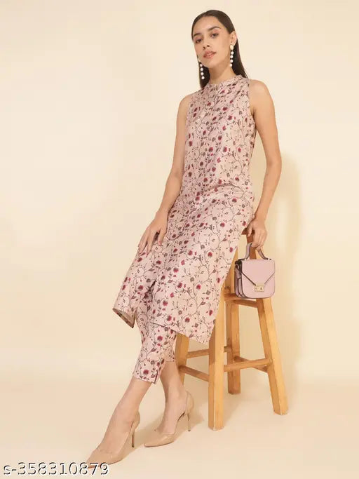 Beige moss digital floral printed coord set, sleeveless kurta and pants by Janasya, Indian women's fashion on model