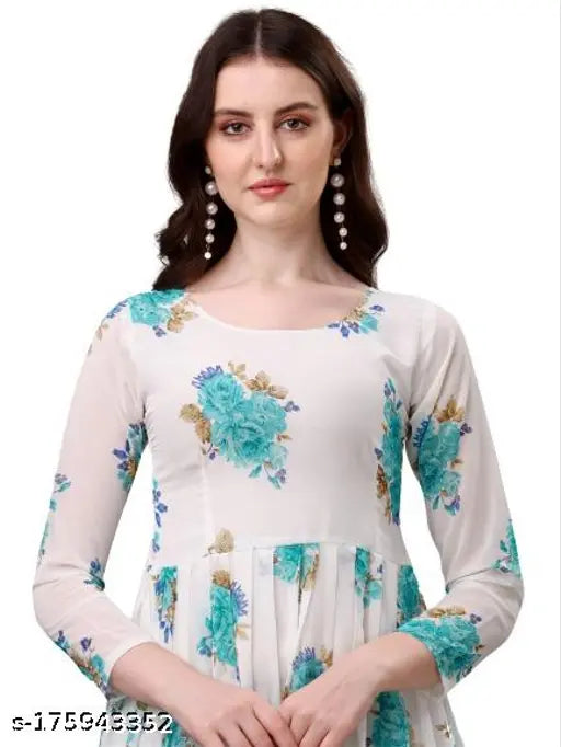 Printed poly georgette gown set in vibrant Indian designs, perfect for parties, weddings, or festive functions