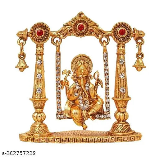 Antique gold metal Lord Ganpati on Jhula, ideal for car dashboards or home decor