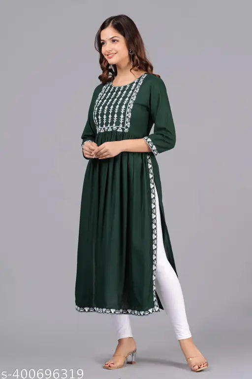Rayon Naira Cut Embroidery Kurti, solid combo, three-quarter sleeves, S-XXXL sizes available