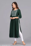Rayon Naira Cut Embroidery Kurti, solid combo, three-quarter sleeves, S-XXXL sizes available