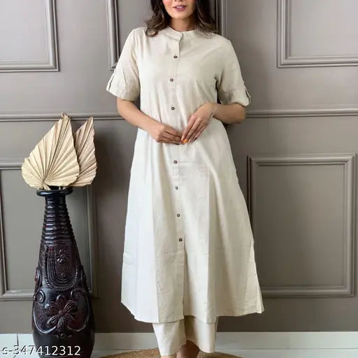 Cotton Aline kurti set with palazzo, solid net design - Indian premium designer khantha work