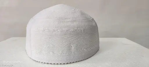 White cotton self-designed Islamic prayer cap, less large size 22 inches with border. Authentic design, easy to maintain and washable. Original condition, no stains, scratches, tears or holes. Indian origin