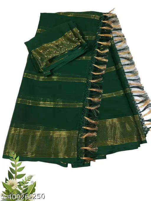 Green banarasi patta Georgette/Satin saree with black stitched blouse, elegant moti work and latkan tassels. Traditional party wear collection from Kanjiwaram, available in Gillkart." (125 characters)