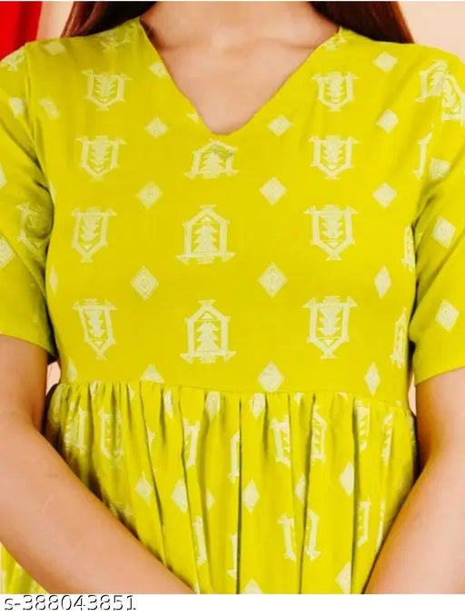 Yellow Viscose Rayon Ethnic Dress with V-Neck, Short Sleeves - Gowan designer kurtas, traditional Indian fashion