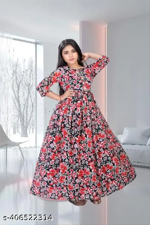 Georgette printed cotton blend frock with three-quarter sleeves, floral summer design, ideal for young girls (9-16 years)