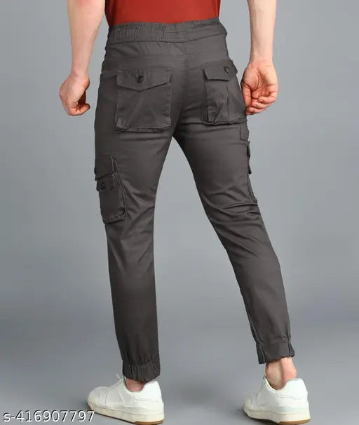 Stylish grey cargo pants, with large pockets and a drawstring waist