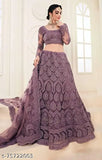 Wine-colored Chikankari women's lehenga-choli and net dupatta with embroidery detail, semi-stitched (42in waist, 44in length). Indian handcrafted traditional attire