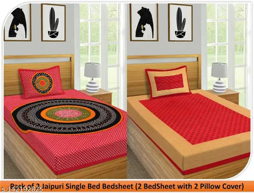 Red cotton single bed comforter set pack 2 pillow covers