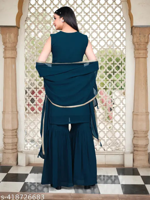 Dark blue georgette kameez with matching skirt set, long sleeves, embellished border