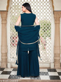 Dark blue georgette kameez with matching skirt set, long sleeves, embellished border