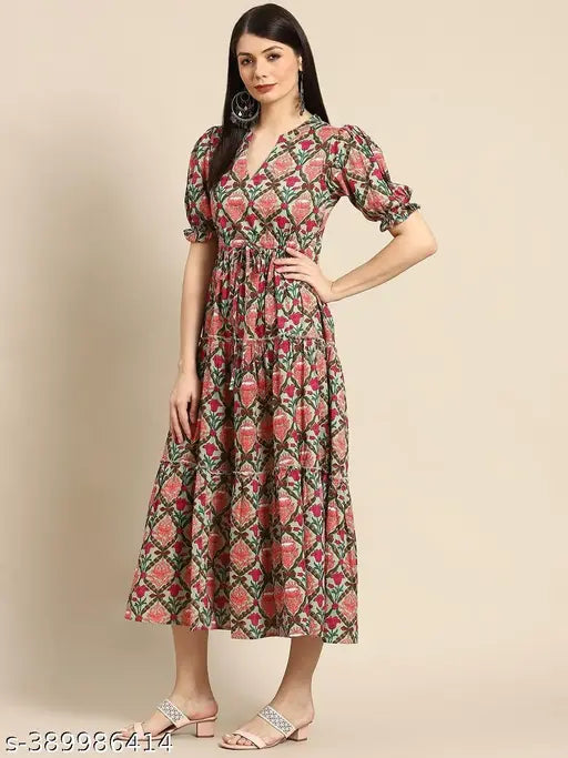 Indian cotton printed Anarkali and kurtis, short sleeves, vibrant pattern - L (Bust 40in), XL (Bust 42in), XXL (Bust 44in)