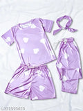 Soft silk heart print night suit set: T-shirt, pajamas, and shorts with drawstring elastic waistband, India