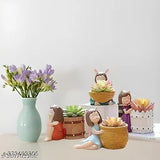 Multicolor handicraft basket girl resin flowerpots (4 pcs), yellow polyresin decorative showpiece, 12 cm x 6.35 cm x 10.16 cm, ideal for home & office decoration or gift item