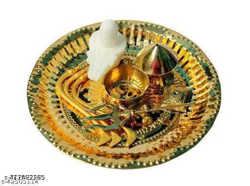 Pure white marble Shivling with brass Thali set & Kalash stand - Symbolic Hindu puja item for spirituality and home decor