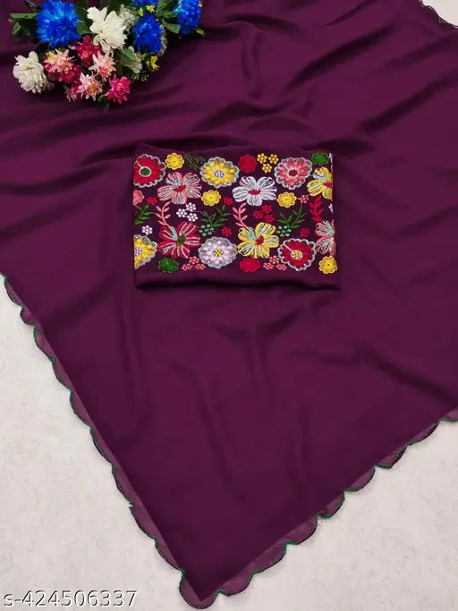 Georgette saree in aarko lace pattern, heavy work blouse, daily wear