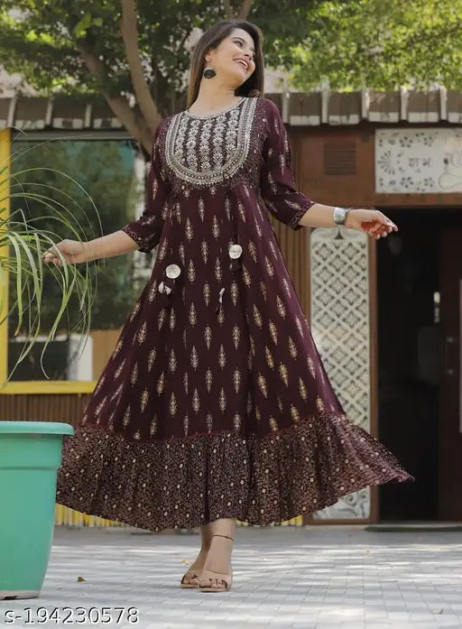 Maroon embroidered party gown, Indian fashion, long kurta