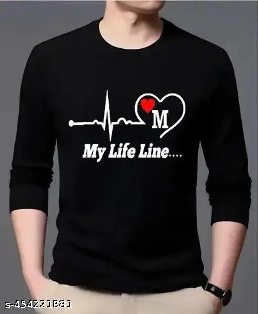 Men's black printed round neck full sleeve polyester T-shirt, My Life Line M - Black full sleeve t-shirt for men with life line design, made in India