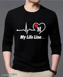 Men's black printed round neck full sleeve polyester T-shirt, My Life Line M - Black full sleeve t-shirt for men with life line design, made in India