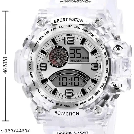 A white digital sports watch with a transparent case, shockproof design, multi-functional features including date display, and automatic winding mechanism. The watch has a color dial, is waterproof, and is suitable for both men's and kids' use. It features a white strap and is designed for active wear