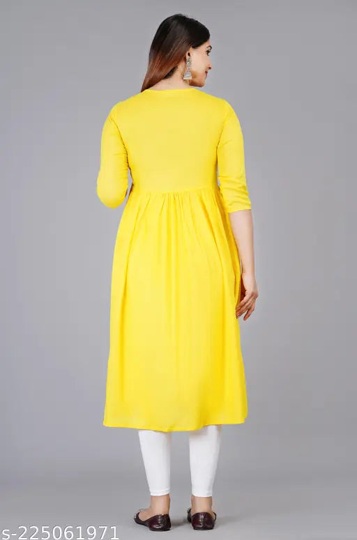 Rayon Ridhu Anarkali Floral Embroidery Kurti, three-quarter sleeves, vibrant Indian embroidered outfit